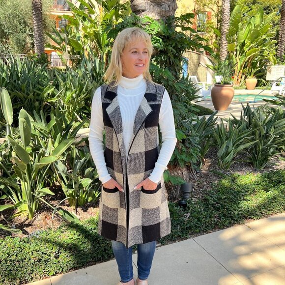Love Tree Sweaters - Open Front Plaid Long Cardigan Vest Heathered Black & Oatmeal With Pockets Small